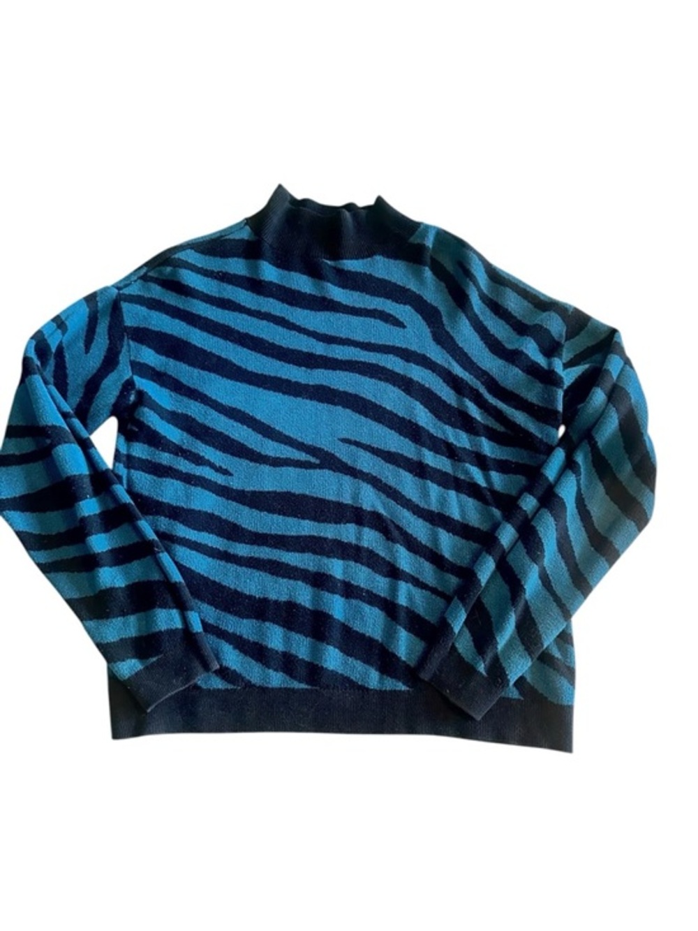 Worthington Mock Neck Long Sleeve Sweater - Womens Medium Teal Black Animal